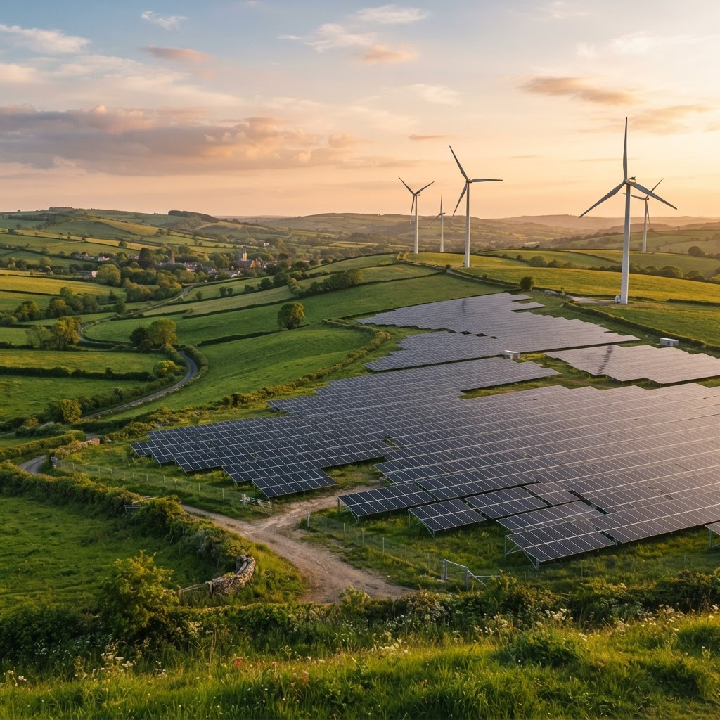 Wind turbines and solar panels in the British countryside at golden hour